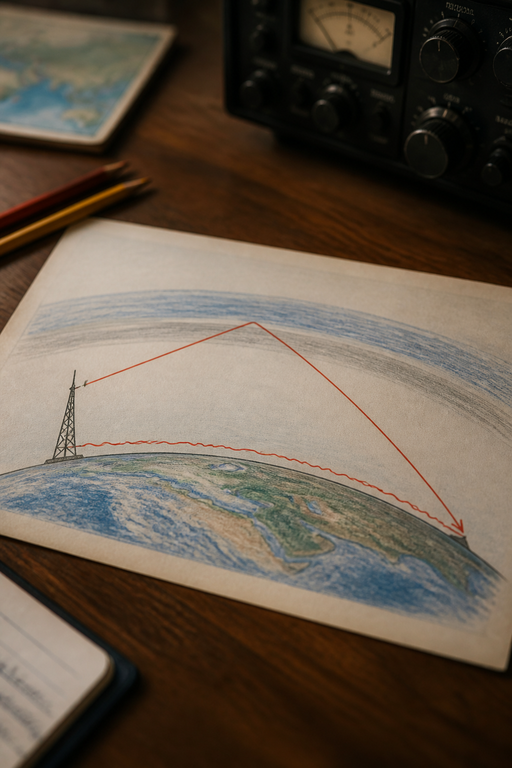 Cross-section drawing of the earth with a medium-wave tower: a short ground wave hugging the surface, and a longer night-time ray leaving the tower at a shallow angle, refracting off an ionospheric layer and returning to the ground several hundred miles away.