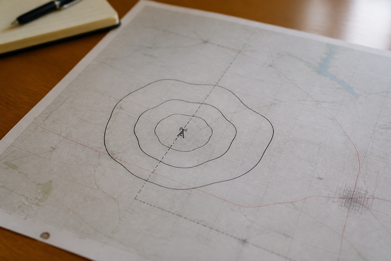 A flat monochrome map showing three nested signal contours drawn around a single transmitter site, the outermost one crossing a county boundary and stopping short of a distant town.