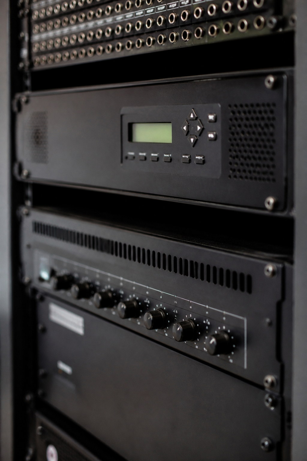 A rack-mounted emergency alert encoder and decoder with a small monochrome display and front panel buttons, installed above an audio distribution amplifier and below a patch panel in an equipment rack.