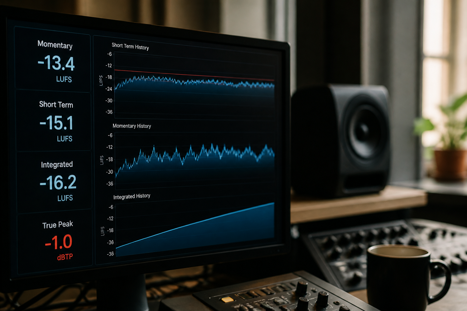 A loudness meter display showing momentary, short term and integrated readings in LUFS beside a true peak value, with a horizontal target line drawn across the short term history graph.