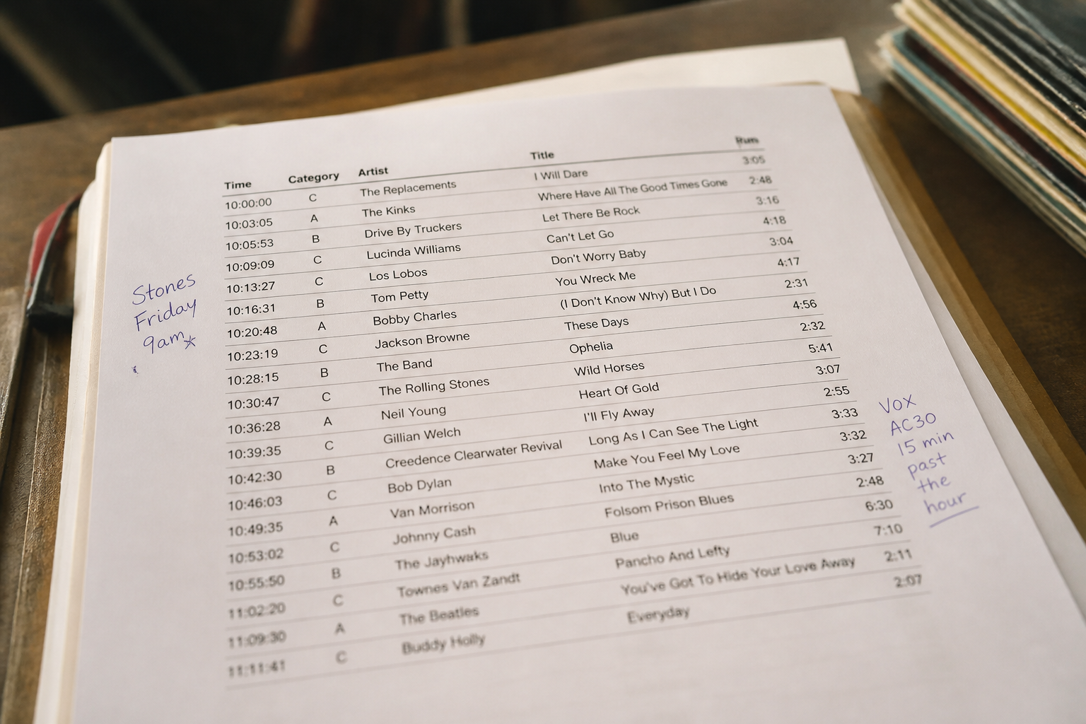 A printed music log for a single hour, each line listing a scheduled time, a category code, an artist, a title and a running time, with handwritten annotations in two of the margins.