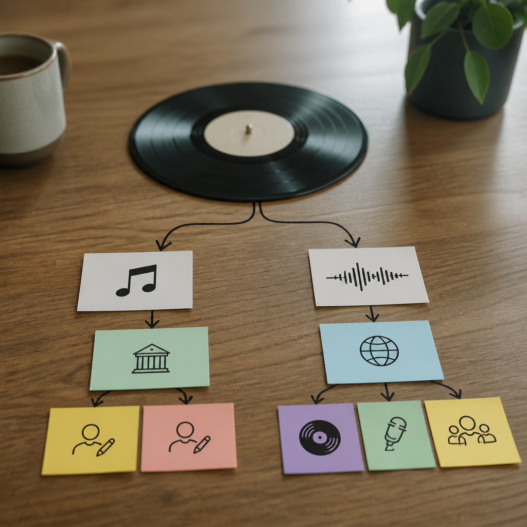 Diagram splitting a single recording into two columns: on the left the musical composition flowing to publishers and songwriters through performing rights organisations, on the right the sound recording flowing to the label, the featured artist and a non-featured performers fund through a digital collection body.