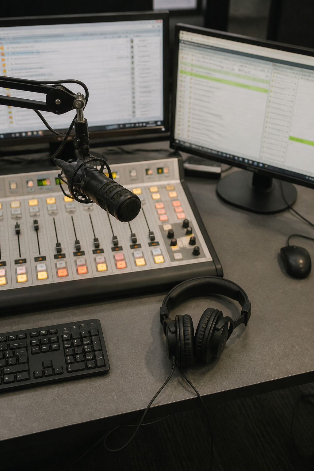 Overhead view of a radio studio desk with a broadcast console, a boom arm holding a large dynamic microphone, closed-back headphones and two screens showing a playout log.