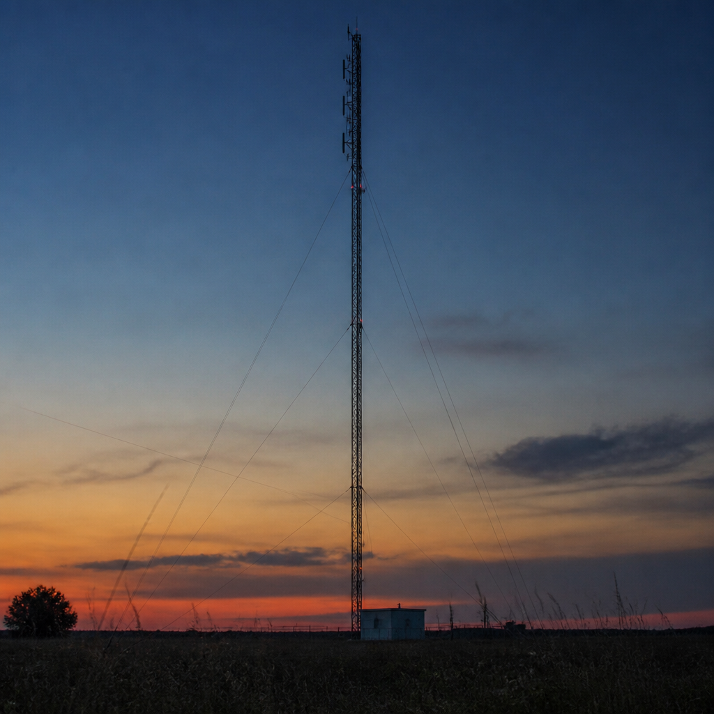 A guyed steel broadcast tower silhouetted against a dusk sky, with a stack of FM antenna bays near the top and a small equipment building at its base.